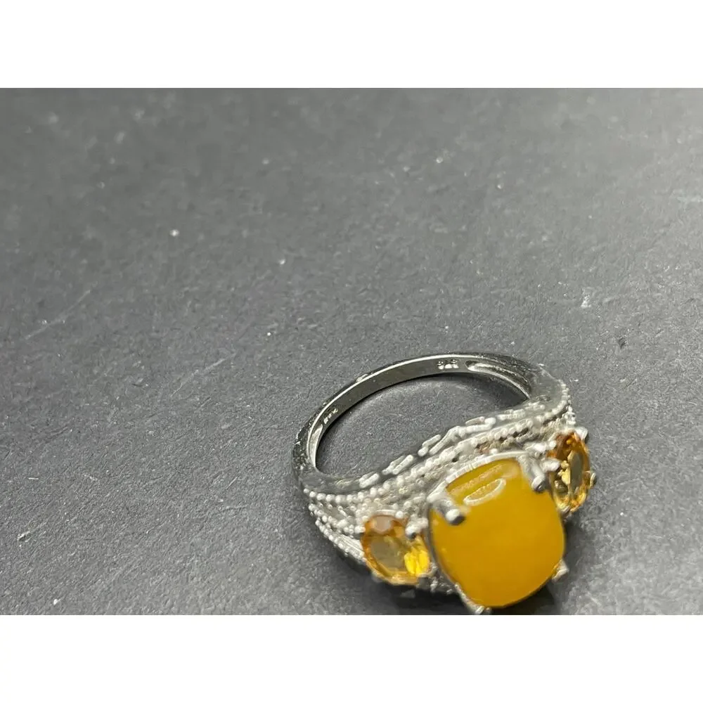 STS 925 Sterling Silver Yellow Stone Cabochon & Citrine Cocktail Ring Size 10